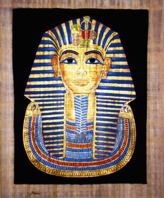 Egyptian Papyrus Painting: King Tut  Funeral Mask Dramatic Black Background