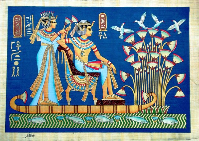 Papyrus Painting:  King Tut and His Wife Honeymoon on the Nile Vivid Blue Background