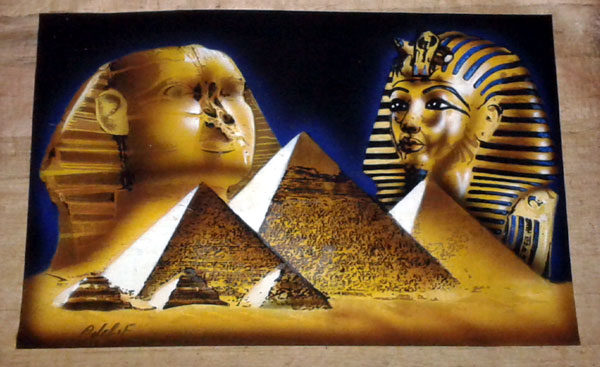 Egyptian Papyrus Painting:  The Sphinx and the Mask of King Tut Rising over the Pyramids