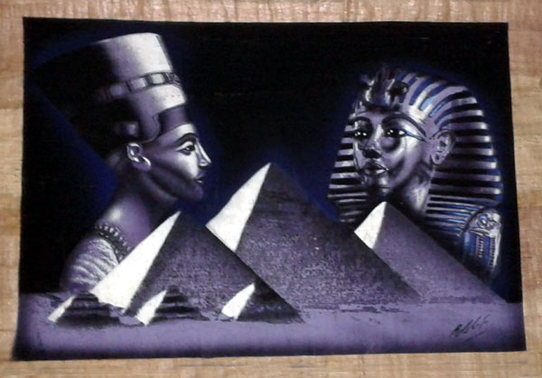 Egyptian Papyrus Painting:  Hues of Purple Nefertiti and Mask of King Tut Rising over the Pyramids