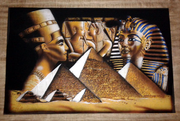 Egyptian Papyrus Painting:  Nefertiti, Ramses, Nefertari and Mask of King Tut Rising over the Pyramids on Dark Papyrus