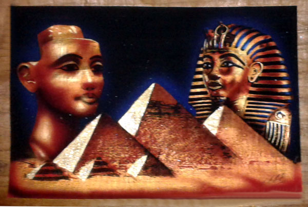 Egyptian Papyrus Painting:  The Broken Nefertiti and Mask of King Tut Rising over the Pyramids