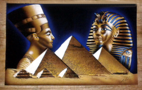 Egyptian Papyrus Painting:  Nefertiti and Mask of King Tut Rising over the Pyramids