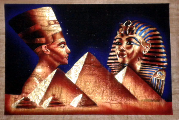 Egyptian Papyrus Painting:  Golden Nefertiti and Mask of King Tut Rising over the Pyramids