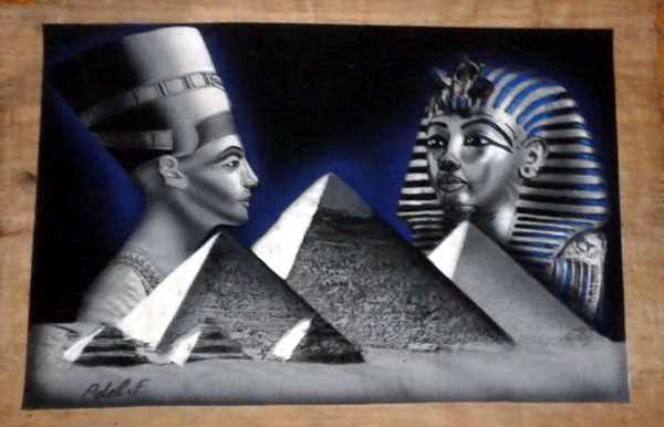 Egyptian Papyrus Painting:  Silver Nefertiti and Mask of King Tut Rising over the Pyramids