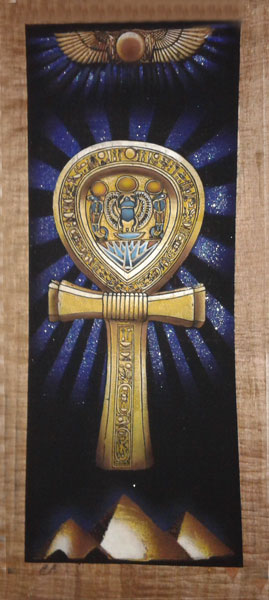 Papyrus Painting: Ankh (Key of Life) Crowned with the Winged Solar Disc 