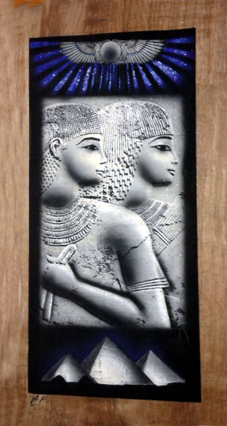 Egyptian Papyrus Paintings:  Princess Meritamun, "The White Queen" in a Grey Stone Finish with Solar Disc