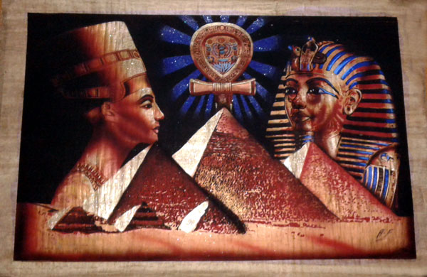 Egyptian Papyrus Painting:  Nefertiti, Key of Life and Mask of King Tut Rising over the Pyramids on Dark Papyrus