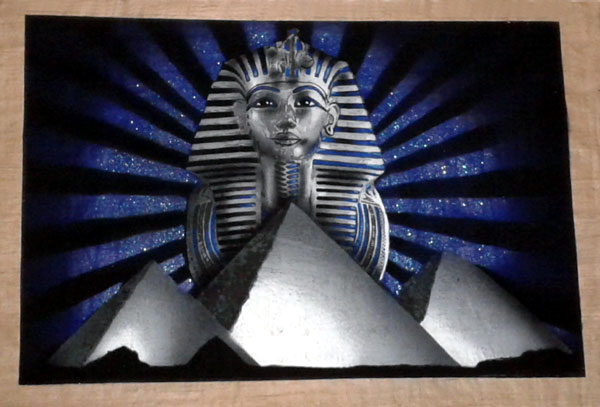 Egyptian Papyrus Painting:  King Tut  Rising over the Pyramids (Silver)