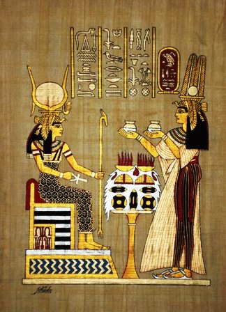 Papyrus Painting:   Queen Nefertari  offering oils to Hathor in the Afterlife