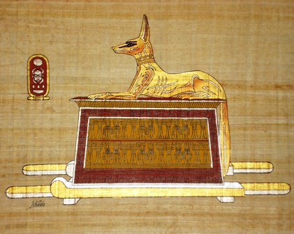 Papyrus Painting:  Golden Anubis 