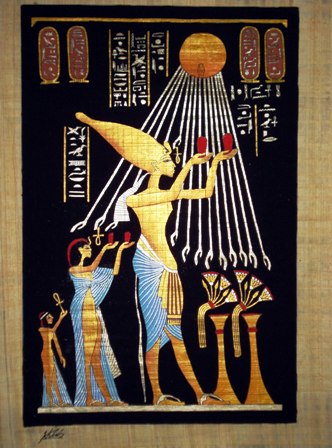 Egyptian Papyrus Painting: Akhenaten and Nefertiti and Child Offer Sacrifices Dramatic Black Background
