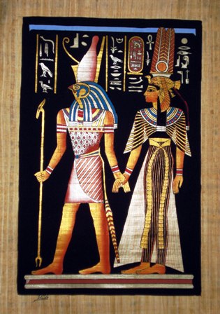  Egyptian Papyrus Painting:  Queen Nefertari and Horus Dramatic Blackground