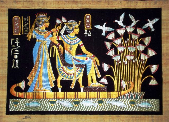 Papyrus Painting:  King Tut and His Wife Honeymoon on the Nile Dramatic Black Background