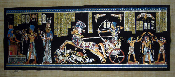 Egyptian Papyrus Painting: A Collage of the Life of Ramses the Warrior and the Afterlife with a Black Background 