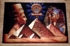 Nefertiti, Key of Life, Mask of King Tut Rising over the Pyramids of Giza