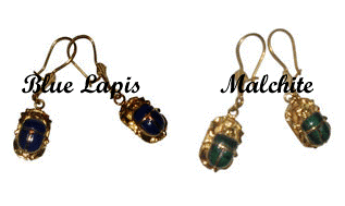 Hoop style scarab earrings inlaid stone, 18k gold or 900 silver