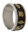 Oxidized silver cartouche band with 18k gold symbols.