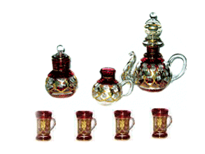 Blown glass tea set, tea pot sugar, creamer, 4 cups