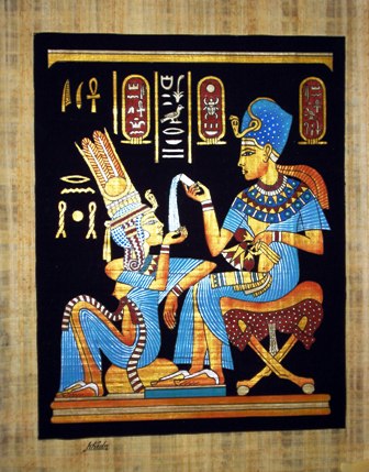 Egyptian Papyrus Painting: King Tut  Perfuming His Wife Dramatic Black Background